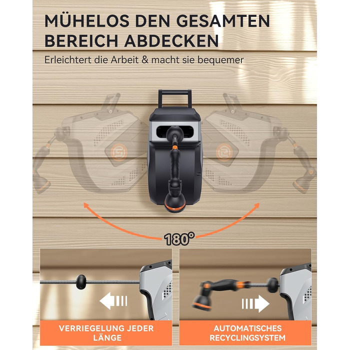 SUNPOW Ротаційний барабан для шланга на стіну 15м з розпилювачем - сірий, для дому та автомобіля, автоматичний збір