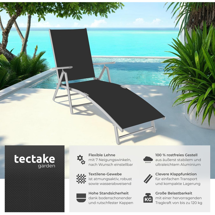 Шезлонг Tectake алюмінієвий, складний, з підлокітниками, регульована спинка, для балкона, саду, тераси, кемпінгу - сріблясто-сірий