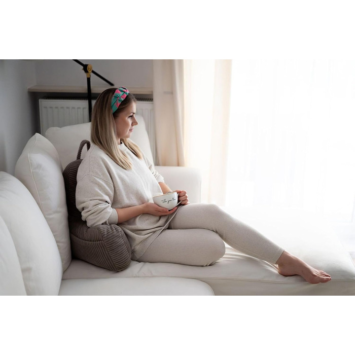 Підголовник Flumi з підлокітниками для читання, перегляду телевізора та відпочинку, подушка для ліжка та дивана з пральною наволочкою, наповнювач Foam, спинка з ручкою для перенесення (Кord, Бежевий)