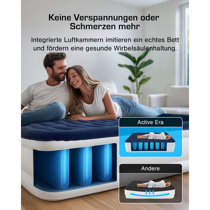 Надувне ліжко Active Era Luxus для 2 осіб з електричним насосом та інтегрованим подушками, 200 x 150 x 36.5 см - ідеально для кемпінгу та гостей