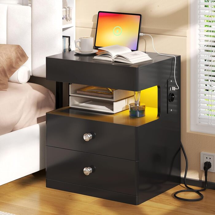 Нічний столик AOGLLATI з прихованим відділенням, розеткою та LED-підсвічуванням, 2 шухляди, висувний ящик, полиця, глянцева поверхня (40x35x59 см, чорний, 2)