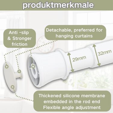 Телескопічний карниз для штор без свердління та гвинтів, розсувна штанга для ванної кімнати та гардероба, біла, 85-265 см (Ø 32 мм)