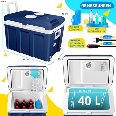 Термохолодильник KESSER® 40L на колесах | Холодильник-термос 12/230V | Охолоджує та нагріває | Для авто, човна та кемпінгу | З акумуляторами холоду та тримачами для напоїв (Темно-синій)