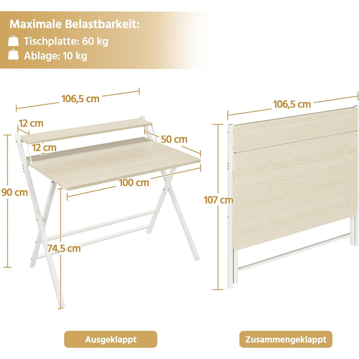 Злагоджений стіл Yaheetech Klappbar, 80 см, комп'ютерний стіл з полицею, двоступінчастий робочий стіл з підставкою для монітора, стіл для ноутбука для домашнього офісу/маленьких кімнат/вітальні, білий/80 см Д × 50 см Ш, білий (світлий колір дерева, 106.5x