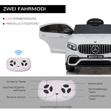 Дитячий електромобіль HOMCOM Mercedes-Benz AMG GLC63S COUPE, ліцензована модель, 12V, з пультом дистанційного керування, ременем безпеки, 2 x 35W двигуни, MP337-60, білий, розміри: 115 x 70 x 55 см. (Для дітей віком 6-12 років)