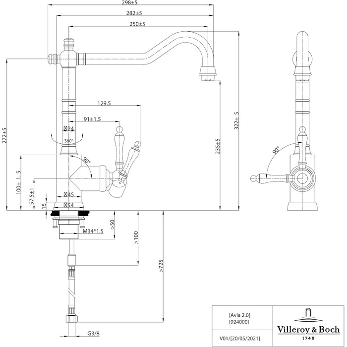 Змішувач для кухні Villeroy & Boch Avia 2.0, змішувач для кухні з керамічним картриджем і діапазоном повороту на 360, енергозберігаючий змішувач для раковини, висота виливу 235 мм, (золото, високого тиску)