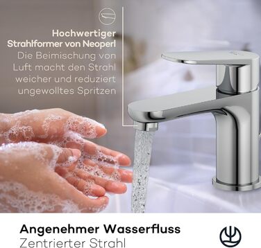 Змішувач для ванної кімнати KLUDI-X1 з витяжним зливом, висота виливу 75 мм, водозберігаючий кран, розмір S, керамічний картридж, для раковини, з підвідними шлангами, хром S