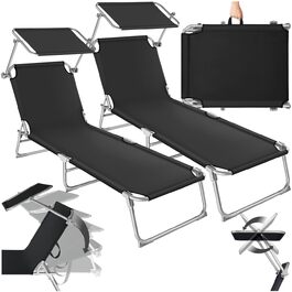 Шезлонги для саду Tectake (2 шт.) з сонцезахистом, розкладні, для балкона/тераси, регульована спинка, до 110 кг, чорний