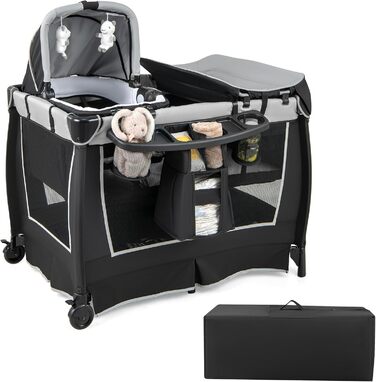 Дитяче туристичне ліжко COSTWAY 5 в 1 з матрацом, сірим кольором, до 15 кг, з пеленатором та іграшкою
