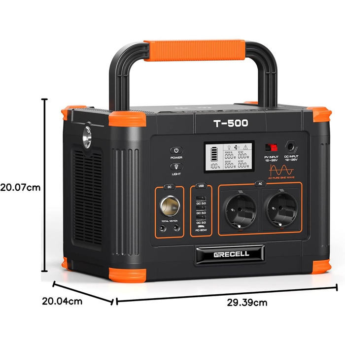 Портативна електростанція 500W (пікова 1000W), 519Wh сонячний генератор для кемпінгу, риболовлі, подорожей, резервне живлення, 2 розетки 230V AC, 10 портів