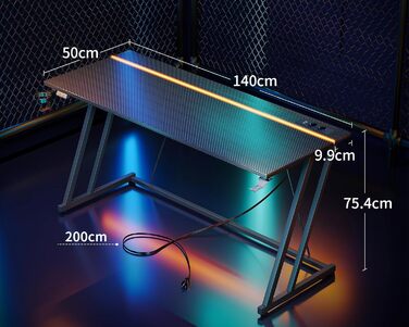 Ігровий стіл ODK зі світлодіодом, розетка, тримач для чашки, гачок для навушників, подвійна рама Z, вуглецеве волокно, 140 см