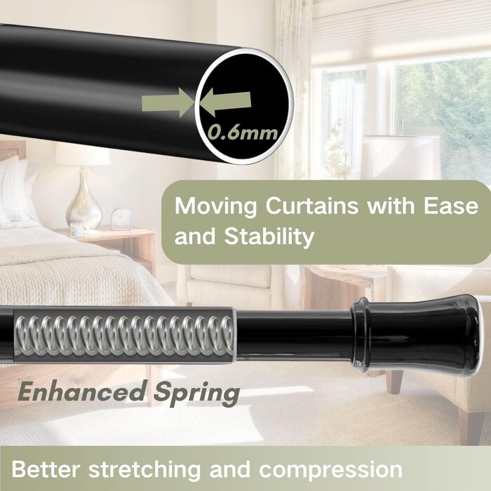 Телескопічний карниз для штор без свердління та гвинтів, розсувна штанга для ванної кімнати та шафи, 85-265 см (Ø 32 мм), чорний