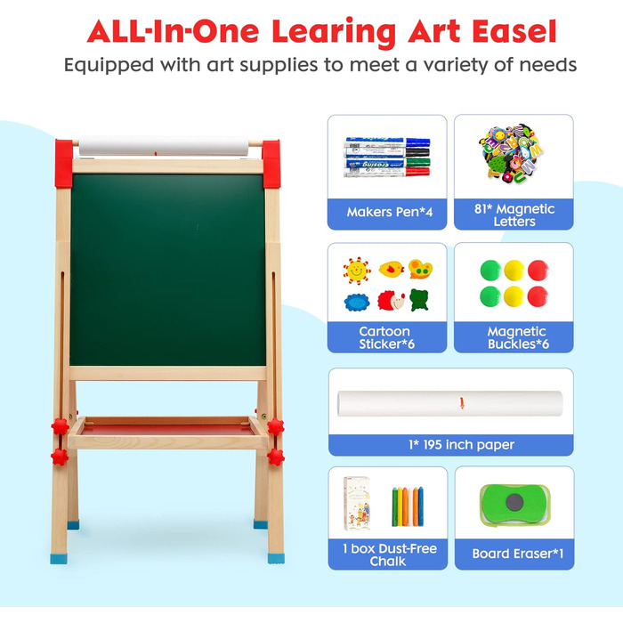 Дитяча мольберт Kinder Staffelei 3 в 1: дерев'яна дошка з рулоном паперу, двостороння, регульована висота 68-114 см. Комплектація: аксесуари для малювання. Підходить для дітей 3-12 років.