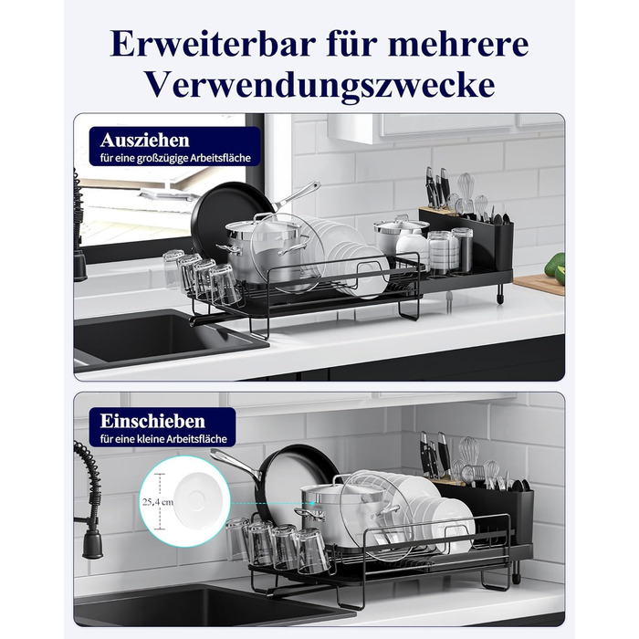 Сушилка для посуду Kitsure, висувна, багатофункціональна, з місцем для столових приборів, 67.8 x 32.7 x 14.9 см, чорна