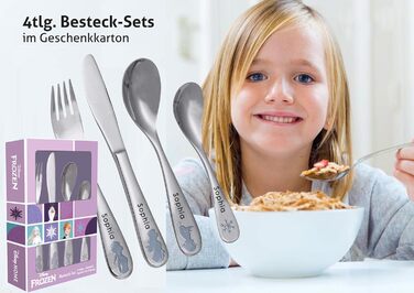 Дитячий столовий набір 'Frozen' з гравіюванням імені | 4 шт. | Нержавіюча сталь | Безпечний та міцний | Можна мити в посудомийній машині