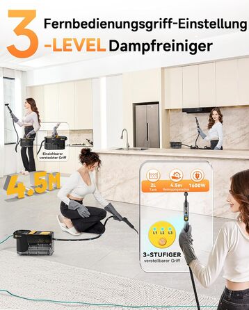 Пароочисник Gautye 3-рівневий регульований руків'я, нагрів за 10 секунд, бак 2L, 18 насадок, для кухні, ванної, підлоги, авто, вікон, чорний