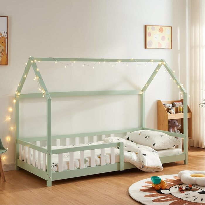 Ліжко дитяче en.casa Hesel для дітей, 90x200 см, біле, з бортиками та ламелями, Montessori, дерев'яне, для юніорів