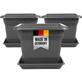 Набір з 3 великих пластикових горщиків для квітів на вулицю, 40x40 см, з підставкою, модель Don, виготовлено в Німеччині, антрацит
