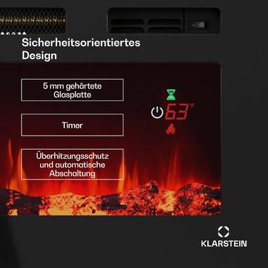 Електрокамін Klarstein Galeras Smart 1800 Вт, LED-полум'я, з додатком та пультом, регульовані кольори й яскравість, захист від перегріву, настінний, чорний, 102x47x13 см
