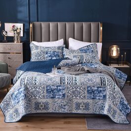 Покривало Qucover в стилі печворк 220x240 см, синє покривало для двоспального ліжка в вінтажному стилі, стьобана літня ковдра з набором подушок, з бавовни та поліестеру, потертий шик (250 х 270 см)