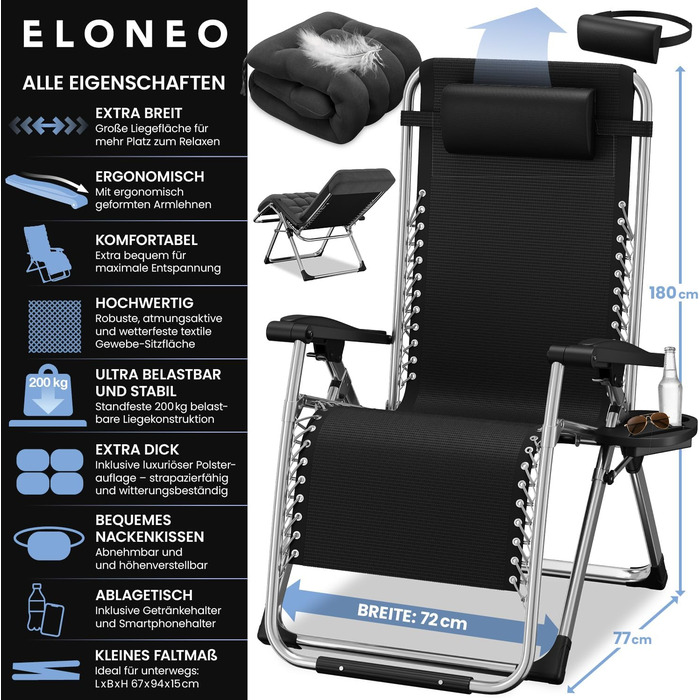 Лежак ELONEO розкладний преміум з подушкою, сонячний лежак для саду, вологостійкий, широка спинка, регульована, з подушкою для шиї та тримачем для напоїв, антрацит