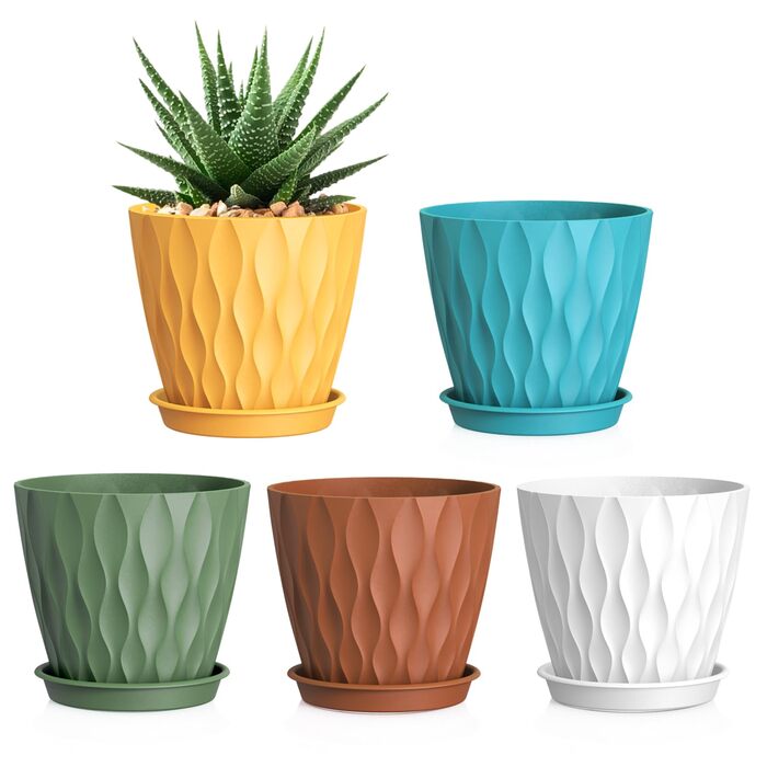 Набір горщиків для квітів 20 см, 5 шт. - пластикові горщики з піддонами та дренажними отворами, 3D-фактура, для монстери, герані та кімнатних рослин, (різні кольори, Ø 15 см, 5 шт.)