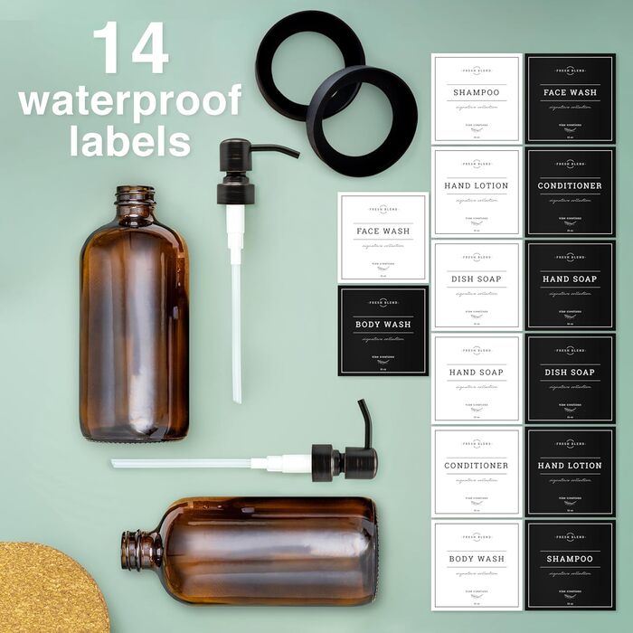 Набір дозаторів для мила 2 шт. з нержавіючою помпою, набір для кухні та ванної кімнати, скляні дозатори 475 мл, вологостійкі етикетки, колір: бронзовий