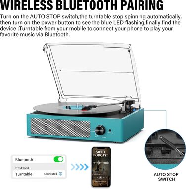 Вініловий програвач ретро-стилю з Bluetooth, портативний, 3 швидкості (33/45/78 об/хв), вбудовані стереодинаміки, RCA та AUX, синій