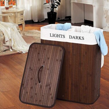 Кошик для білизни Bakaji з двома відділеннями для сортування світлого та темного одягу, бамбук та тканина, складний, з кришкою та ручками