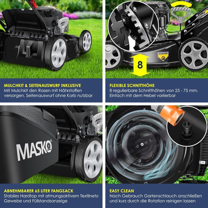Бензиновий газонокосарка MASKO® 5in1 | Ширина косіння 51 см | 8 положень висоти косіння | 4-тактний OHV двигун 6.0 PS | 65 л травозбірник | Включно з набором для мульчування, бічний викид | Чорний/Сірий