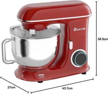 Кухонна машина Zuccie з тихою роботою, місткістю 5л, з нержавіючою сталевою чашею, 3 насадки, захист від бризок, скребок для тіста та роздільник яєць, 8+ швидкостей