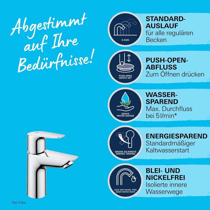 Змішувач для ванної кімнати Grohe StartEdge, економічний, холодна вода в середній позиції, з Pop-Up зливом, 3в1 інструмент, проста установка, хром, 23900001, S-Size, Push-Open, EcoJoy