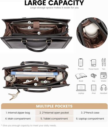 LOVEVOOK Сумка для ноутбука 15.6 дюймів, жіноча, велика, з PU-шкіри, для роботи, навчання, універсальна, чорна