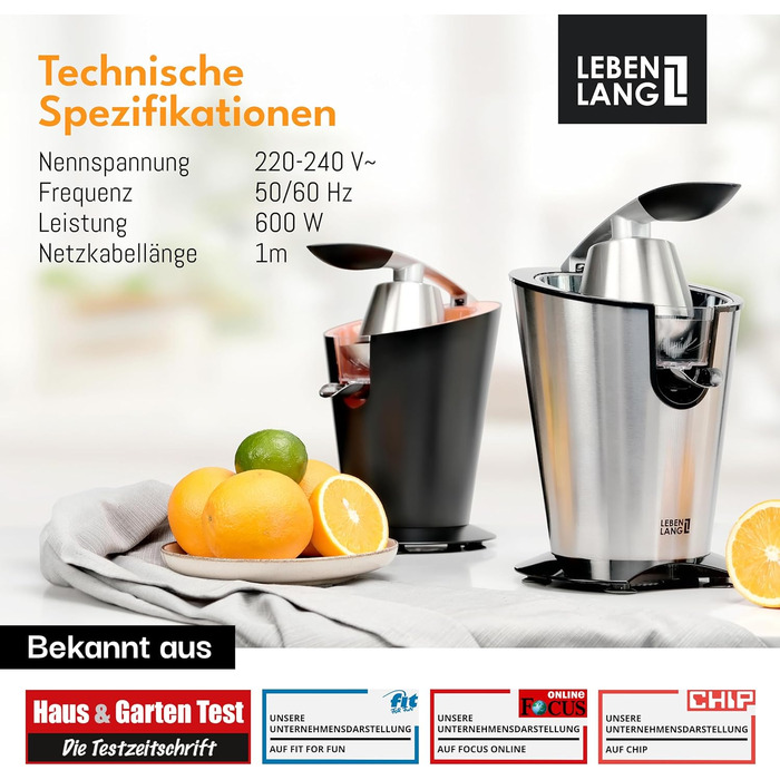 Електрична прес для цитрусових LEBENLANG з нержавіючої сталі, 600W. Включає конус з нержавіючої сталі, не містить BPA. Висока вихідність соку для апельсинів та лимонів. Чорний колір.