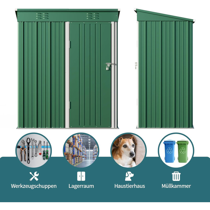 Металевий сарай для інструментів Bealife 180x162x95 см, сталевий садовий шоп, вуличний склад, господарський будиночок для двору, тераси, газону (Зелений)