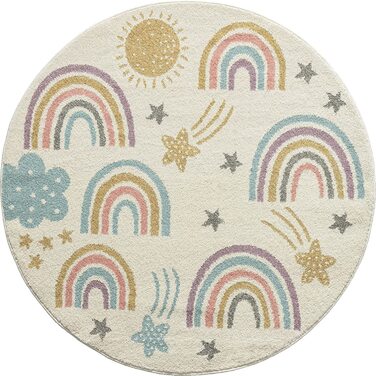 Сучасний м'який дитячий килим з м'яким ворсом, легкий у догляді, стійкий до фарбування, з райдужним малюнком (кругла форма 120 х 120 см, кремова суміш)