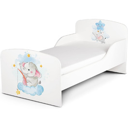Дерев'яне ліжко Leomark з функціями для дітей - ліжко з матрацом, боковиками та ламелями, розмір спального місця 70/140 см, друк UV (Дитячий слон)