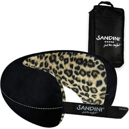 Звичайний розмір SANDINI TravelFix - подушка преміум-класу з мікрофібри європейського виробництва / подушка для шиї з ергономічною функцією підтримки-безкоштовна сумка для перенесення з затискачем для кріплення(плюшевий леопард)