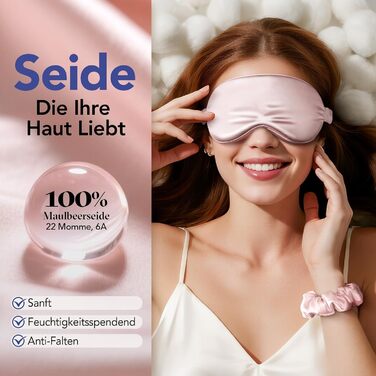 Маска для сну LitBear з шовку для тих, хто спить на боці, 100% шовк 22 momme 6A тутового шовку, повна світлонепроникність, для жінок та чоловіків, з косметичкою та гумкою для волосся, колір рожевий