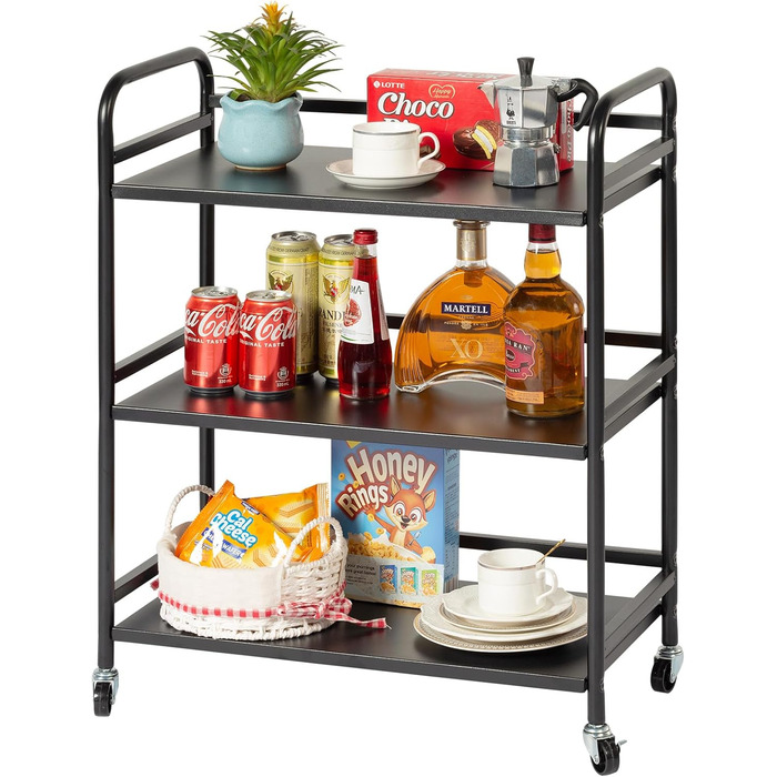 Сервісний візок HDANI з 3 ярусами, металевий, на колесах, 48x30x75 см (Чорний)