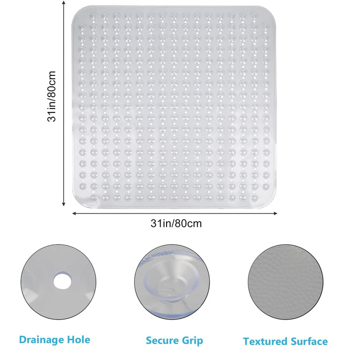 Килимок для душу нековзний 80х80, присоски, протиковзкий ПВХ, прозорий