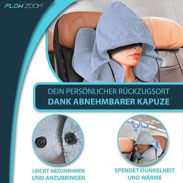 Надувна подушка для шиї FLOWZOOM надувна шийна подушка для подорожей в літаку, автомобілі, поїзді - швидко надувна, підтримує шию і підборіддя, з м'яким оксамитовим чохлом (сірий) (3) Світло-блакитний-розмір M)