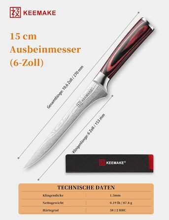 KEEMAKE Набір кухонних ножів: професійний ніж шеф-кухаря з захистом леза, універсальний ніж для м'яса, овочів та риби (15 см)
