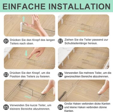 FUNIZE Регульовані роздільники для ящиків з вставками, 8 шт., роздільники 32-58 см + 16 шт. вставок 9-18 см, органайзер для ящиків, кухня, спальня, офіс, прозорий, 6 см висота