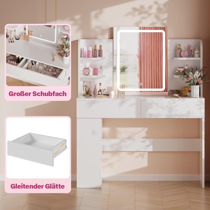 Трюмо Airfish з підсвічуванням 108x40 см: стіл для макіяжу з дзеркалом, 2 шухляди, 3 кольори, регулювання яскравості, для спальні/вітальні (білий)