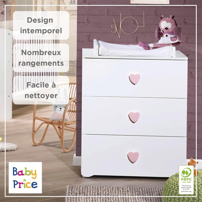 Комод для пеленання Baby Price New Basic з 3 шухлядами, з ручкою-кулькою, білий, Cœur Rose