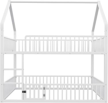 Двоярусне ліжко 140x200 для 2 дітей з лесенкою та бар'єром, металеве, з ламелями (біле)