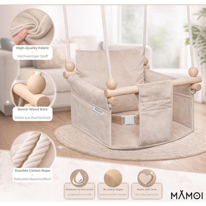 Дитяча гойдалка-крісло MAMOI® для дому, дерев'яна гойдалка для малюків, бежева (Scandi) для дверного отвору