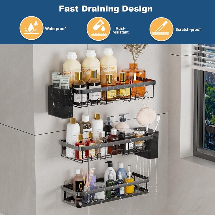 Настінна полиця для душу YEAUPE PRO з 3 ярусами – органайзер для ванної кімнати без свердління, для скляної душової кабіни, з 2 присосками, 6 гачками, міцний металевий, 78 см, до 18 кг, чорний