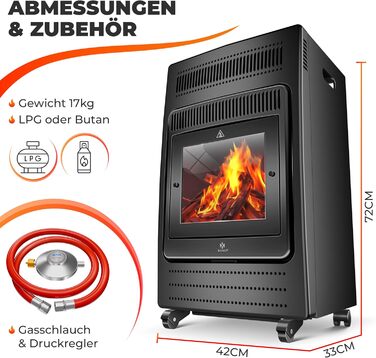 Газовий нагрівач KESSER®: газовий камін-нагрівач, 3.4 кВт, інфрачервоний, 2 режими, з регулятором та шлангом, чорний